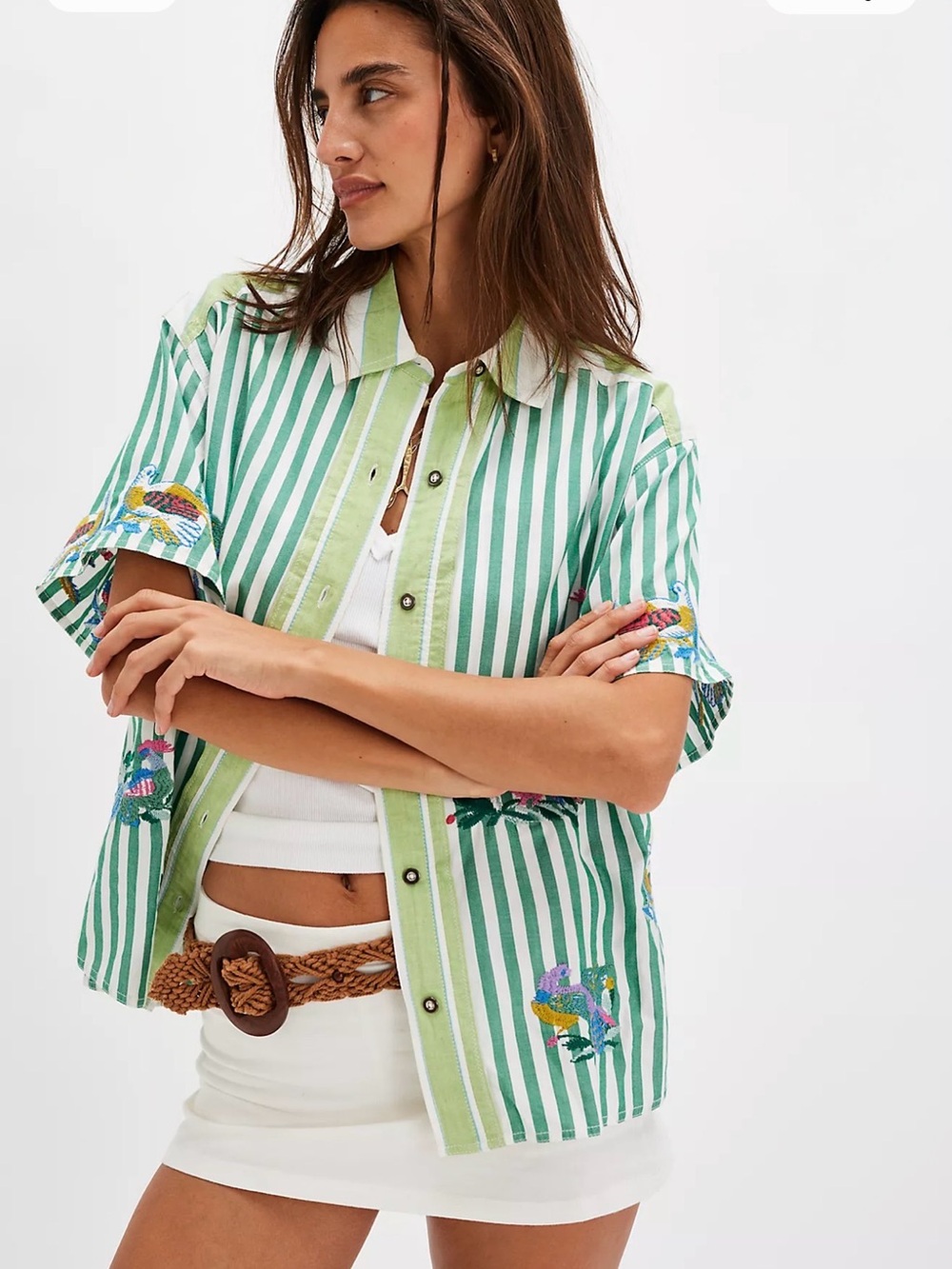 Free People The Bird Shirt XL Green Striped Embroidered Oversized Button Down